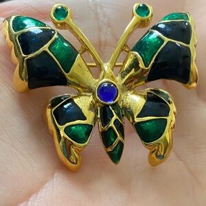 Gold and Green Enamel Butterfly Brooch